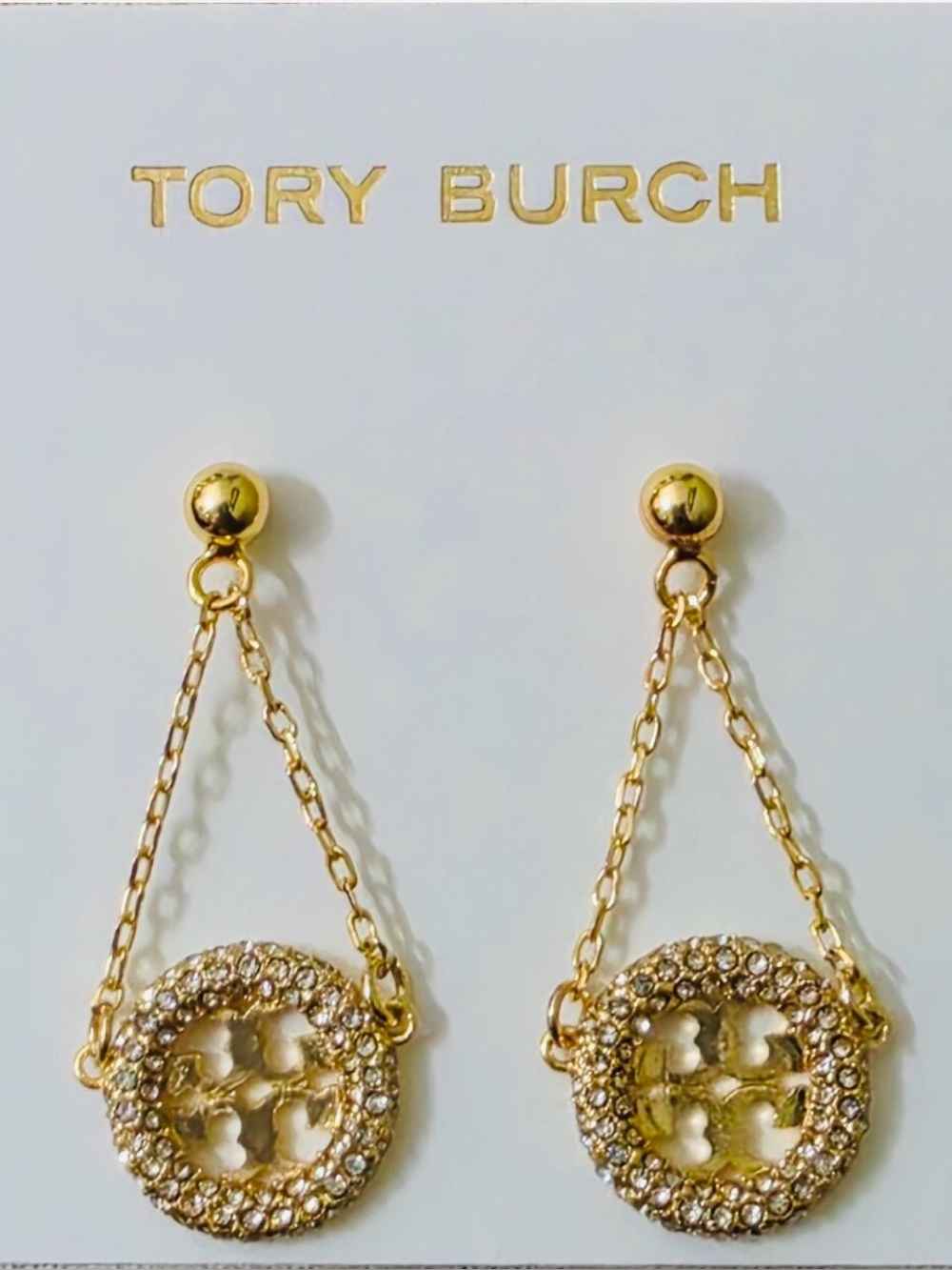 New Tory Burch Miller pavรฉ Gold drop earrings on TB Earring Card